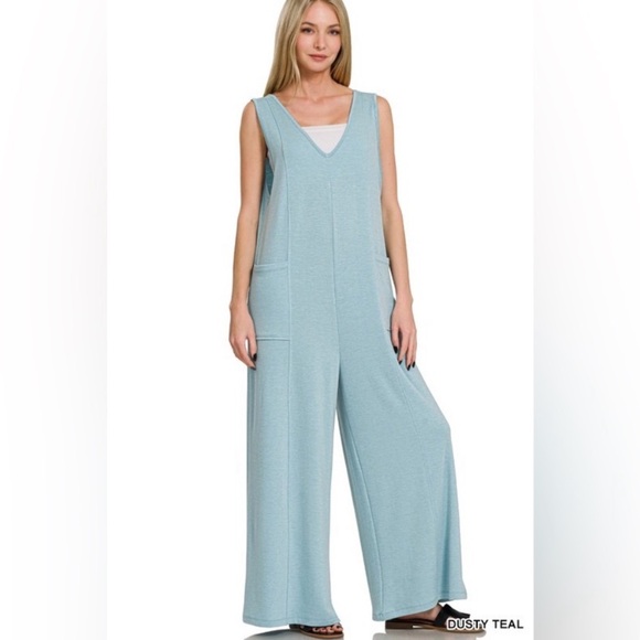 Zenana Outfitters Pants - Zenana Outfitters Dusty Teal Sleeveless Jumpsuit